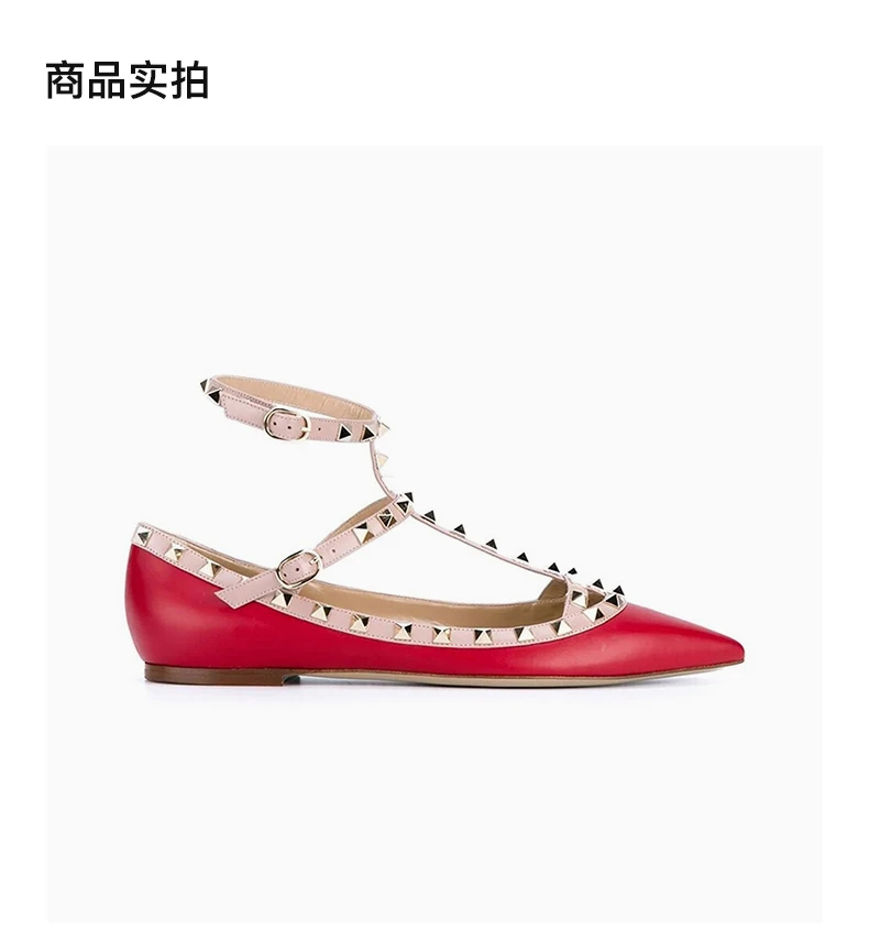 商品[国内直发] Valentino|VALENTINO 女士红色皮革铆钉踝部绑带装尖头平底鞋 RW2S0376-VOD-R19,价格¥5683,第4张图片详细描述