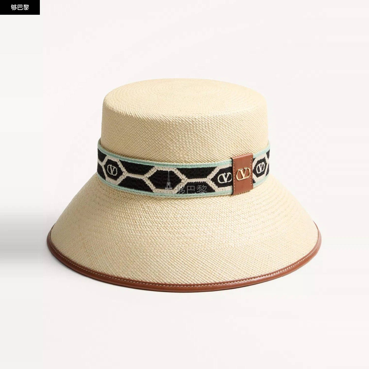 商品Valentino|【预售】 华伦天奴 25春夏 女士 遮阳帽 BOB ANTIBES EN PAILLE AVEC BORDURE EN CUIR ET RUBAN À MOTIF LOSANGES WHGA40JEJ_BYP,价格¥6804,第4张图片详细描述