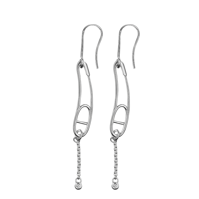 商品Hermes|HERMES/爱马仕 经典Chaîne d'Ancre Punk系列 小号925纯银回形针镶嵌2颗钻石耳坠耳钉H117510B,价格¥14401,第2张图片详细描述