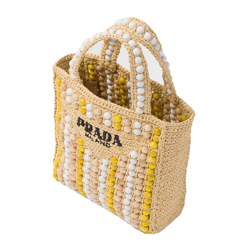 商品Prada|PRADA/普拉达 22新款 女士彩色木球编织拉菲草木质手柄刺绣字母手提托特包1BG425_2FJ0_F0018_V_OOO,价格¥12467,第5张图片详细描述