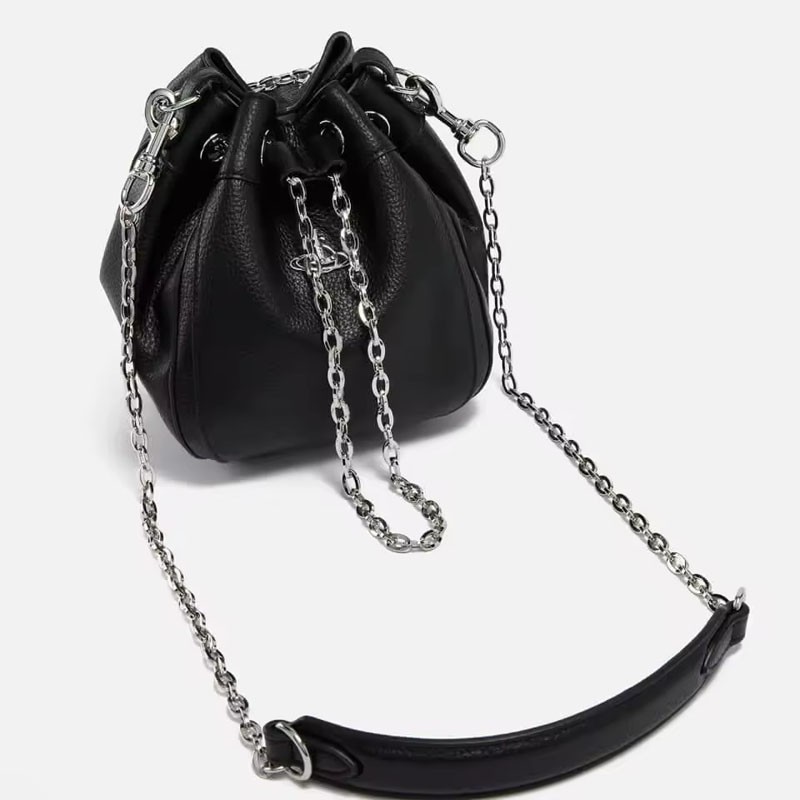 商品Vivienne Westwood|西太后 银色土星徽标抽绳开合 PU 水桶包手拿斜挎单肩包 女款 黑色（香港仓发货）,价格¥2525,第9张图片详细描述