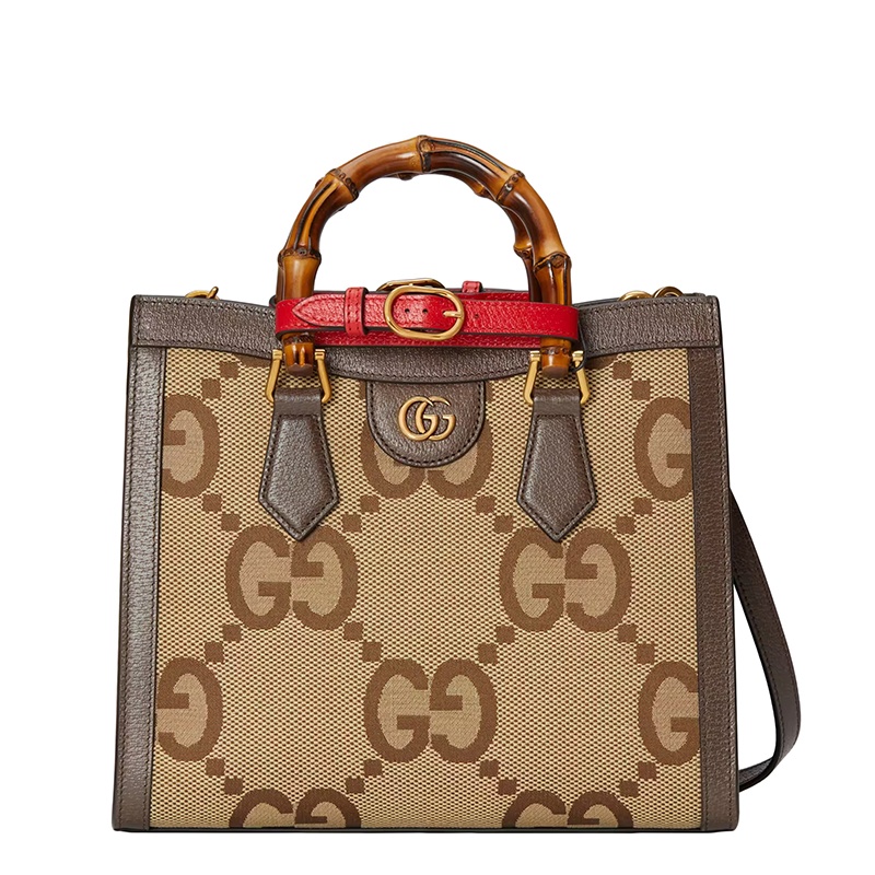 商品Gucci|古驰  Diana系列 女士小号驼色乌木色超级老花帆布竹节红带单肩手提托特包660195UKMFT2672,价格¥24309,第9张图片详细描述