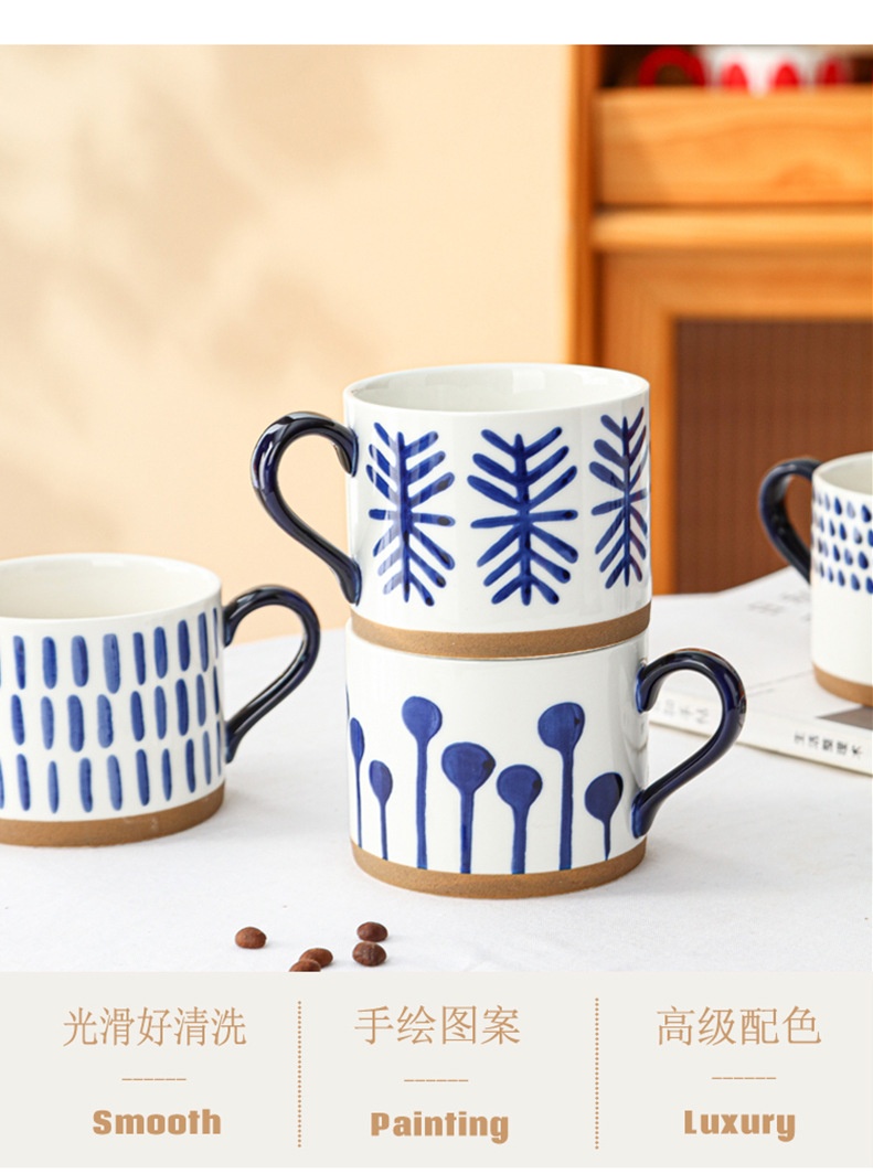 商品[国内直发] YeeCollene|复古手绘粗陶马克杯ins釉下彩中式咖啡杯个性小众陶瓷燕麦杯水杯,价格¥90,第2张图片详细描述