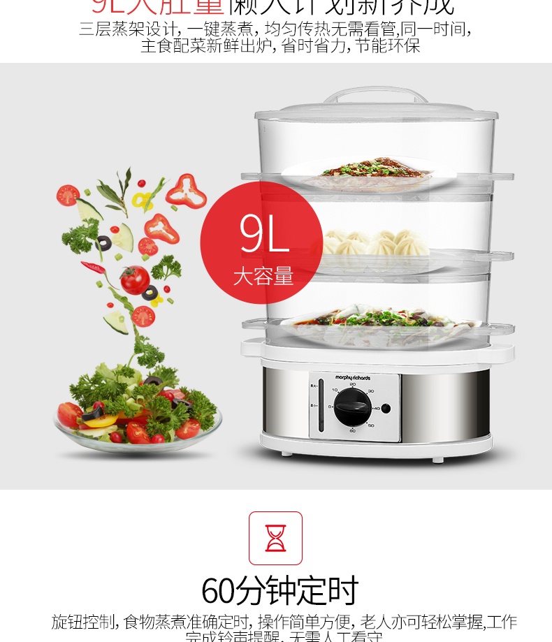 商品Morphy Richards|英国摩飞 三层电蒸笼 MR1148 多层蒸汽电蒸锅蒸菜器,价格¥481,第7张图片详细描述