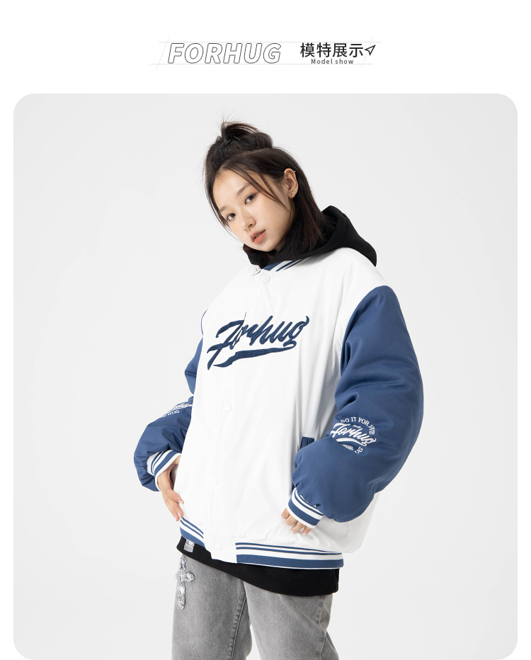 商品[国内直发] FORHUG|FORHUG 男女同款拼接字母宽松拼色运动棒球服棉服 白色 FHB21439174,价格¥242,第6张图片详细描述