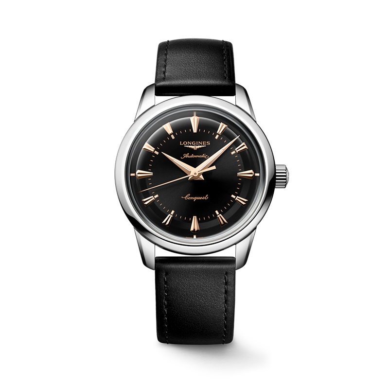 商品Longines|浪琴 女黑色皮革表带不锈钢黑表盘自动腕表38mm,价格¥18398,第2张图片详细描述