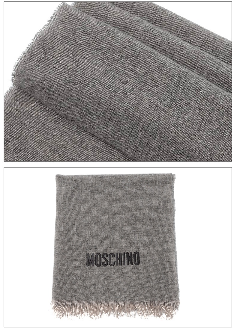 商品[国内直发] Moschino|MOSCHINO/莫斯奇诺 男女同款英文logo图案灰色流苏山羊绒围巾50149M5436 014,价格¥1316,第4张图片详细描述