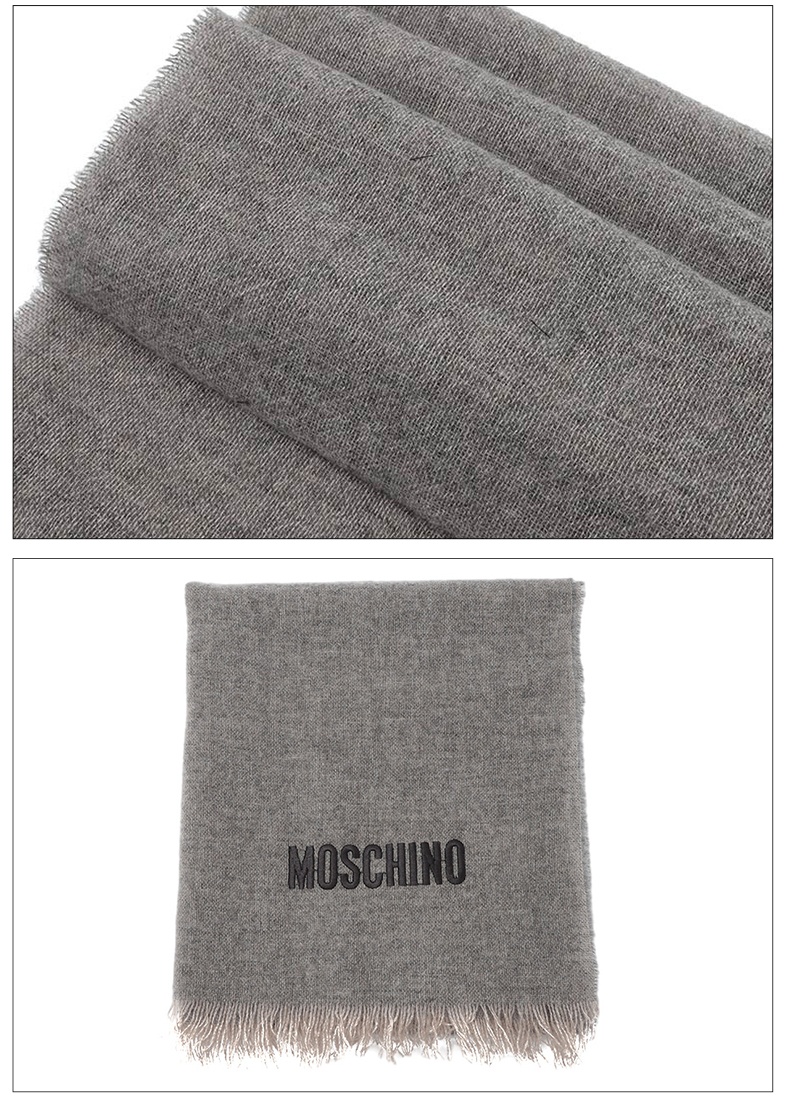 商品[国内直发] Moschino|MOSCHINO/莫斯奇诺 男女同款英文logo图案灰色流苏山羊绒围巾50149M5436 014,价格¥1422,第4张图片详细描述