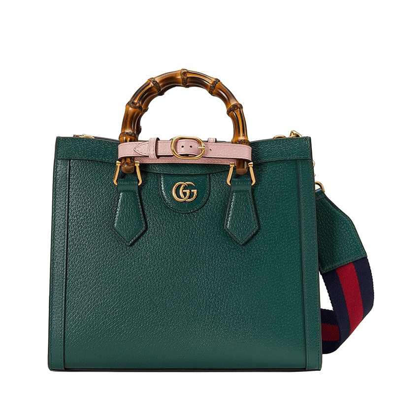 商品Gucci|GUCCI/古驰 Diana系列 女士小号绿色皮革粉色饰带金扣双竹节提手红蓝肩带单肩手提托特包702721U3ZDT3670,价格¥28166,第8张图片详细描述