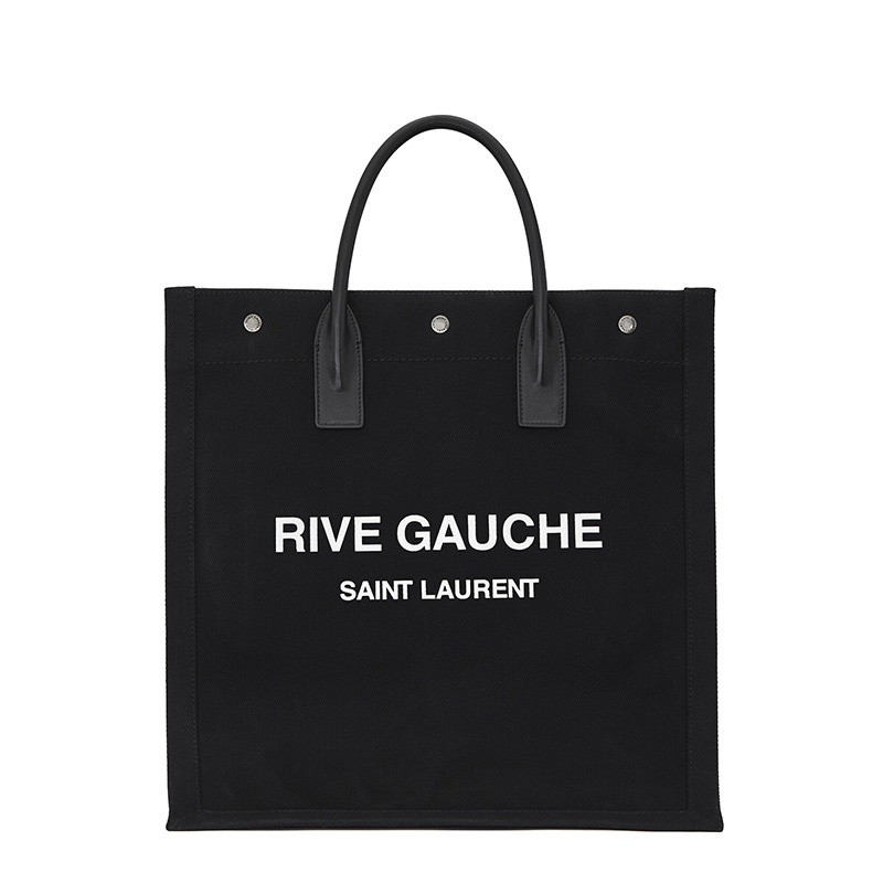 商品Yves Saint Laurent|SAINT LAURENT PARIS/圣罗兰 21新款 RIVE GAUCHE N/S系列 女士黑色/白色棉质徽标印花按扣开合手提购物包,价格¥9508,第2张图片详细描述