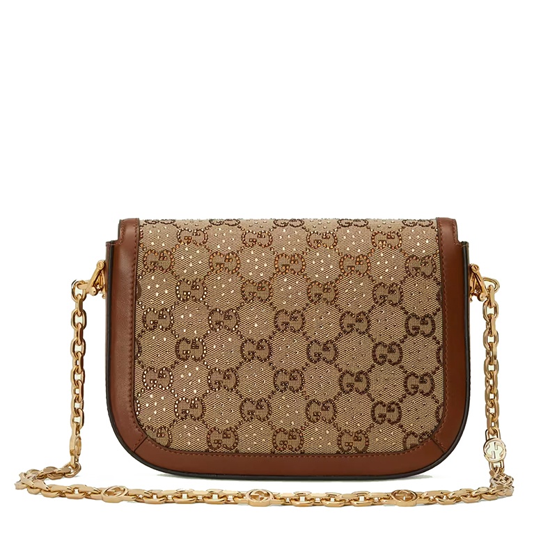 商品Gucci|【包税】GUCCI/古驰  Horsebit 1955系列 女士迷你棕色/乌木饰水晶装饰老花帆布配皮金扣金链单肩斜跨马衔扣包67580121HRG2687,价格¥25644,第6张图片详细描述