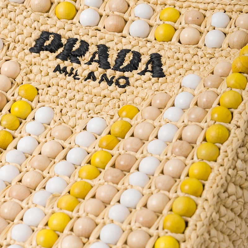 商品Prada|PRADA/普拉达 22新款 女士彩色木球编织拉菲草木质手柄刺绣字母手提托特包1BG425_2FJ0_F0018_V_OOO,价格¥12467,第3张图片详细描述