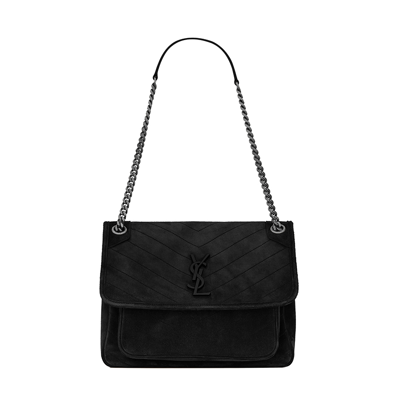 商品Yves Saint Laurent|SAINT LAURENT PARIS/圣罗兰 YSL 21新款 NIKI系列 女士中号黑色绒面革小牛皮翻盖徽标按扣单肩斜挎手提包,价格¥22585,第2张图片详细描述