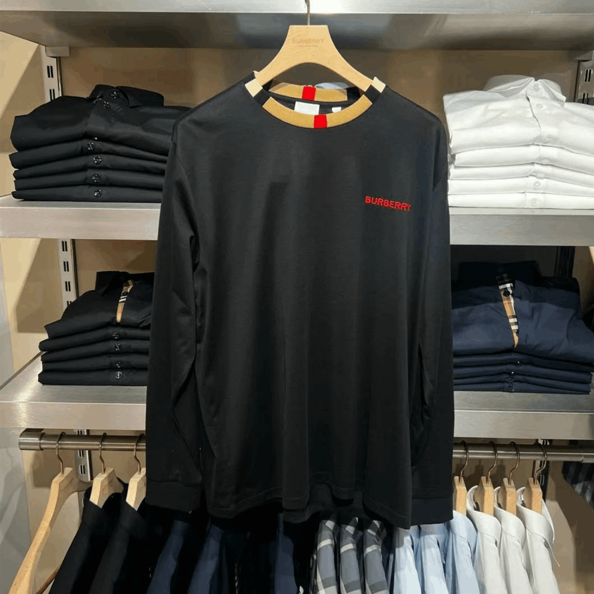 商品Burberry|BURBERRY/��博柏利 男士黑色棉质圆领长袖T恤 80751871,价格¥1009,第7张图片详细描述