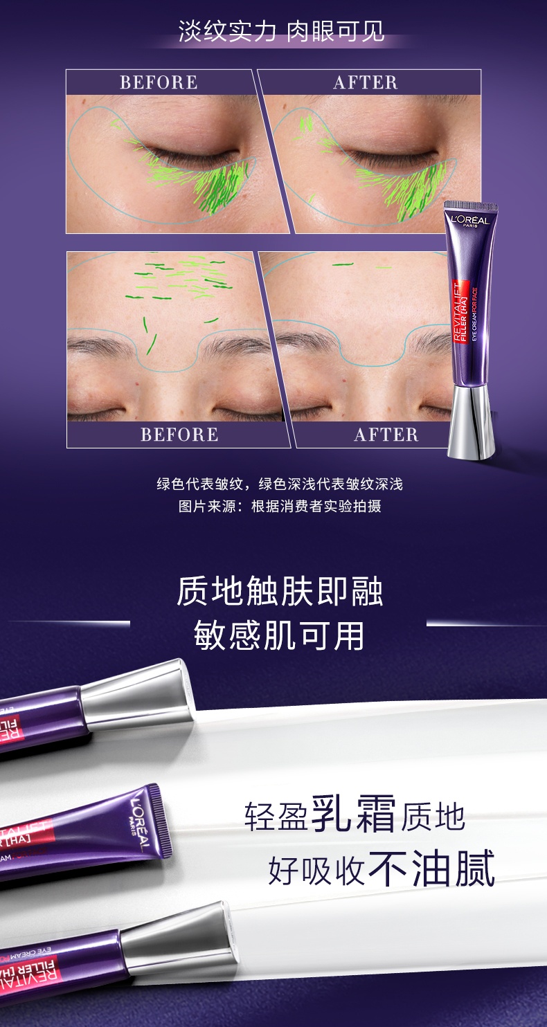 商品L'Oreal Paris|欧莱雅 复颜玻尿酸水光充盈紫熨斗眼霜 30ml 黄金玻色因成分 促进胶原蛋白生成 淡化细纹,价格¥85,第7张图片详细描述