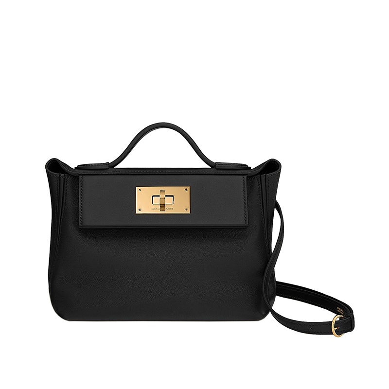 商品Hermes|HERMES 爱马仕 Mini 24/24-21 U刻 volupto拼Swift小 牛皮 金扣可手提单肩 迷你 斜挎包 女款 Noir,价格¥80785,第2张图片详细描述
