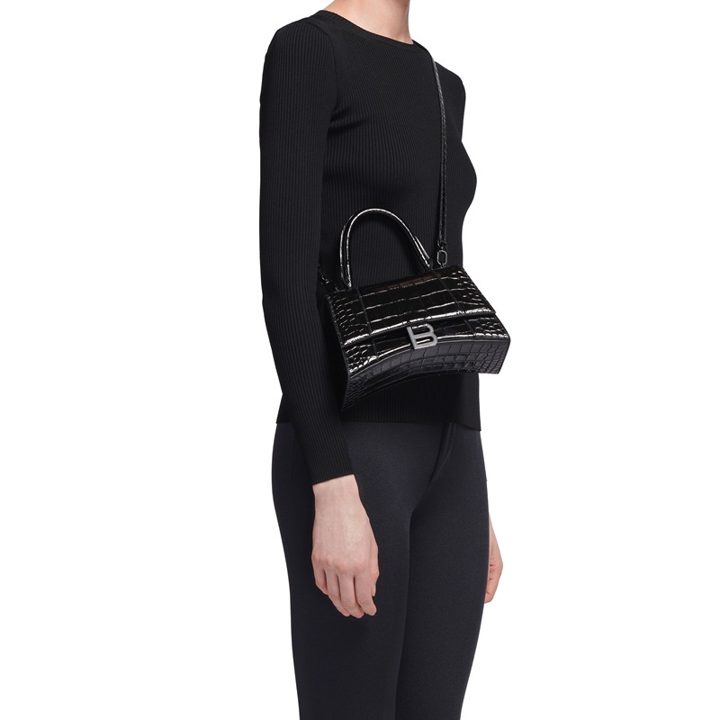 商品Balenciaga|Balenciaga/巴黎世家 20Hourglass 女士迷你黑色鳄鱼压纹亮面小牛皮单肩手提包沙漏包 5928331LR671000,价格¥16871,第6张图片详细描述