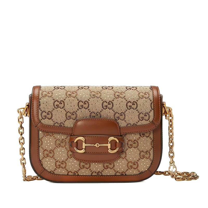 商品Gucci|【包税】GUCCI/古驰  Horsebit 1955系列 女士迷你棕色/乌木饰水晶装饰老花帆布配皮金扣金链单肩斜跨马衔扣包67580121HRG2687,价格¥25644,第7张图片详细描述