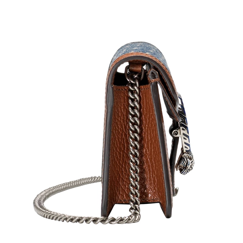 商品Gucci|【预售2周发货】古驰 Dionysus系列 女士super mini蓝色米色双G图案牛仔布棕色小牛皮蓝色珐琅银饰斜挎单肩酒神包,价格¥5203,第3张图片详细描述