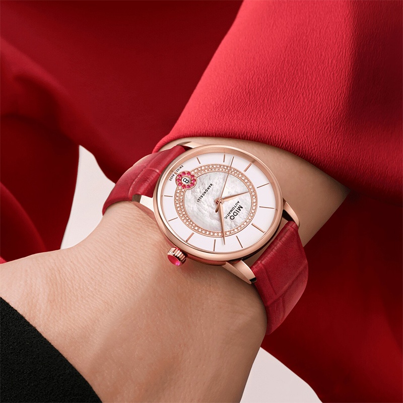 商品MIDO|美度 贝伦赛丽系女红色皮革表带玫瑰金镶钻表盘自动腕表33m,价格¥8376,第4张图片详细描述