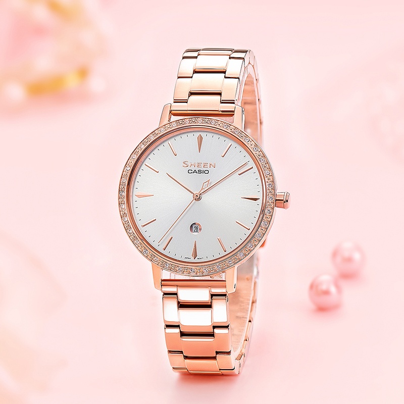 商品[国内直发] Casio|卡西欧高端女性系列满圈星镶钻玫瑰金简约指针蓝宝石玻璃,价格¥1035,第1张图片详细描述