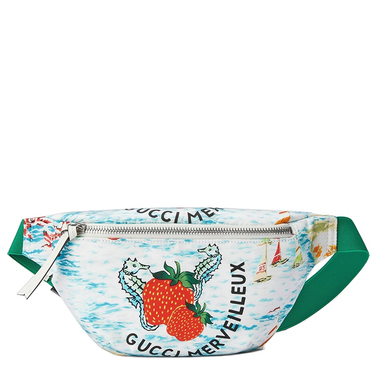 商品Gucci|GUCCI/古驰 儿童款绿色尼龙水果主题印花白色皮革饰边腰包‎502095URIAN4352,价格¥3490,第3张图片详细描述