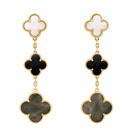 商品Van Cleef & Arpels| Van Cleef & Arpels/梵克雅宝 经典Magic Alhambra系列 18k金黄金白灰珍珠母贝玛瑙3四叶草耳环VCARD79000,价格¥72266,第3张图片详细描述