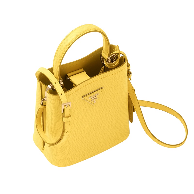 商品Prada|PRADA/普拉达 22新款 Panier系列 女士小号阳光黄saffiano皮革金色徽标磁扣拆卸肩带皮革手柄单肩手提斜挎包,价格¥22536,第5张图片详细描述