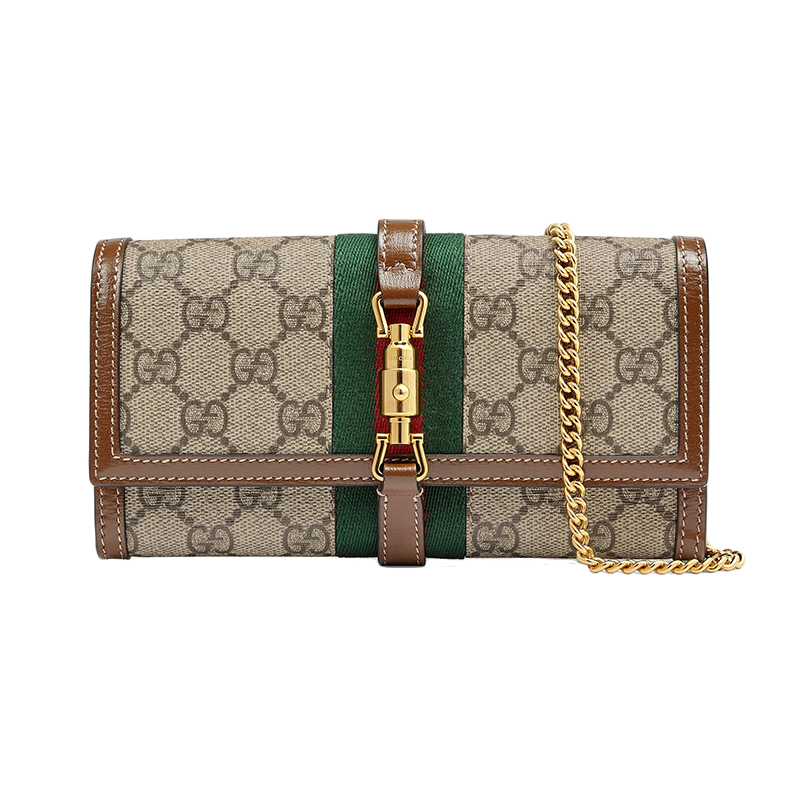 商品Gucci|预售2-2周 GUCCI/古驰 Jackie 1961系列 经典老花帆布搭配棕色皮革饰有金色马衔扣链式钱包 ,价格¥7953,第2张图片详细描述