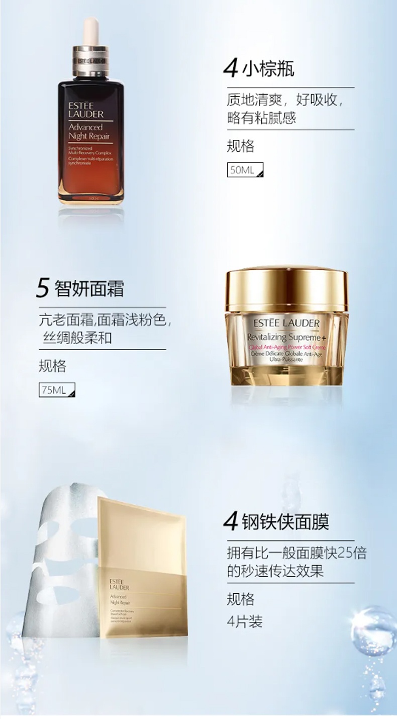 商品【原封正品】 Estée Lauder|雅诗兰黛 夜间密集修护肌活护肤6件套 原生液眼霜精华洁面钢铁侠面膜,价格¥2077,第3张图片详细描述