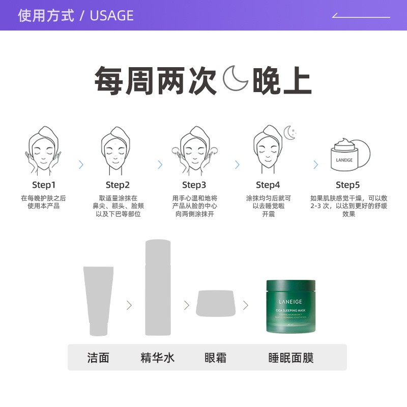 商品Laneige|【包邮包税】兰芝积雪草睡眠面膜60ml 夜间舒缓修护睡眠面膜 / 10ml*10小样,价格¥139,第4张图片详细描述