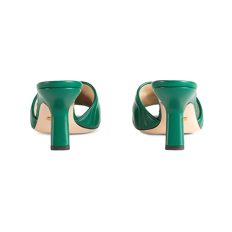 商品Gucci|GUCCI/古驰 女士绿色皮革金属双G高跟拖鞋8cm,价格¥1537,第2张图片详细描述