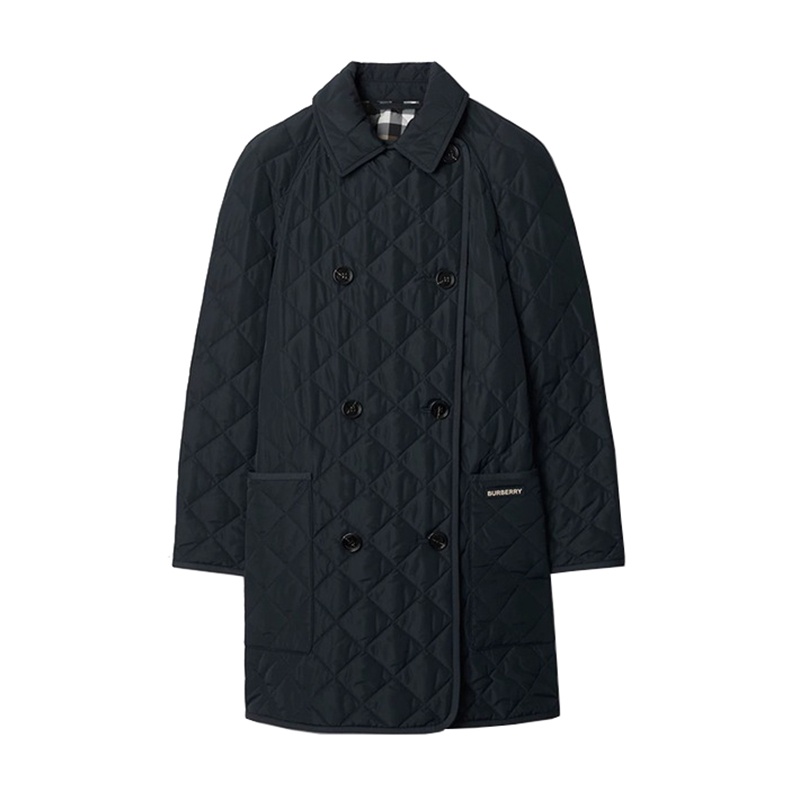 商品Burberry|BURBERRY博柏利 女士海军黑聚酯制Logo标贴翻领双排扣棉服,价格¥2994,第2张图片详细描述