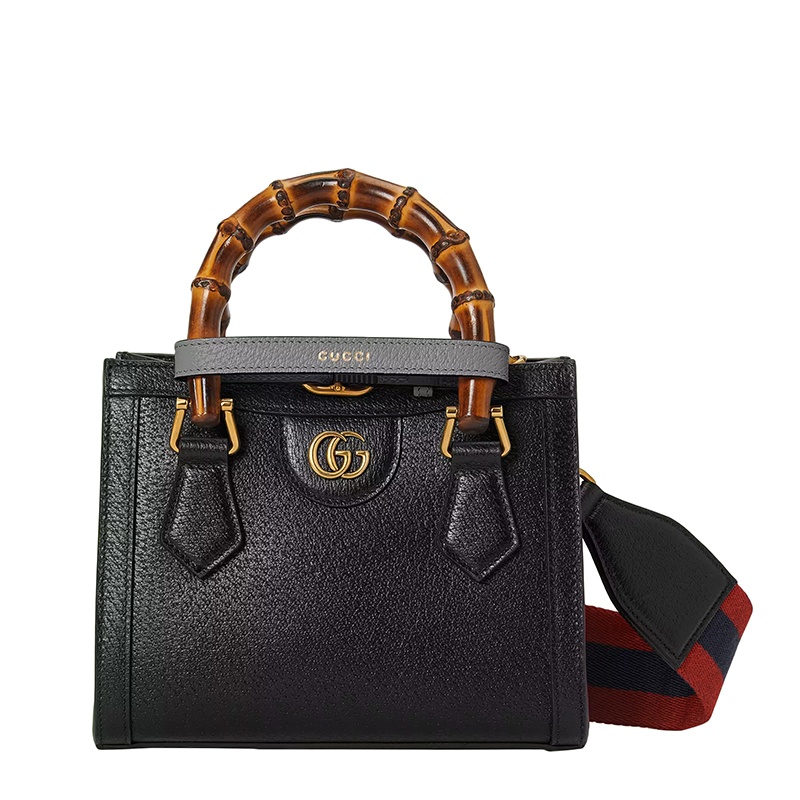 商品Gucci|GUCCI/古驰 22春夏新款Diana系列 女士迷你黑色皮革灰色饰带金扣双竹节提手单肩手提托特包702732U3ZDT1260,价格¥21538,第2张图片详细描述