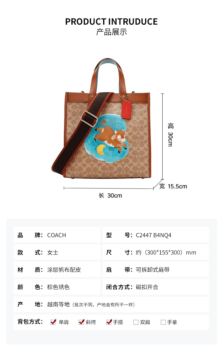 商品[国内直发] Coach|蔻驰托特包COACH女包奢侈品女士专柜款涂层帆布配皮棕色锈色经典标志手提单肩斜挎包托特包 C2447 B4NQ4,价格¥3421,第2张图片详细描述