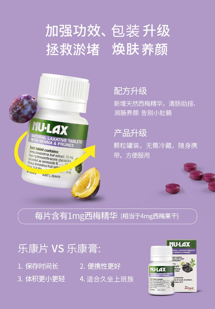 商品NU-Lax|NU-LAX 西梅乐康片加强版 清肠道 40片/瓶*3瓶,价格¥182,第5张图片详细描述