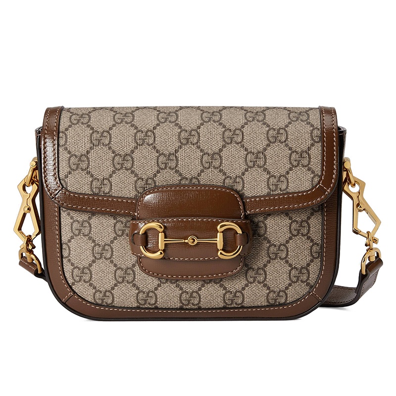 商品Gucci|GUCCI/古驰 Horsebit 1955系列 女士迷你米色帆布棕色皮革饰面复古翻盖单肩斜挎包658574 HUHHG 8565,价格¥22284,第3张图片详细描述