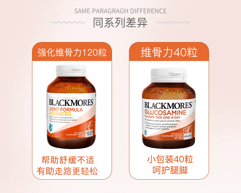 商品Blackmores|澳洲BLACKMORES澳佳宝关节氨基葡萄糖维骨力180粒/加强版120粒,价格¥172,第2张图片详细描述