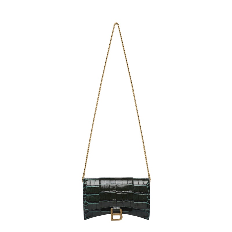 商品Balenciaga|Balenciaga/巴黎世家 新款HOURGLASS系列 女士迷你深绿色光泽鳄鱼压纹小牛皮金扣链式单肩斜挎沙漏钱包6560501LRGM3011,价格¥10590,第2张图片详细描述
