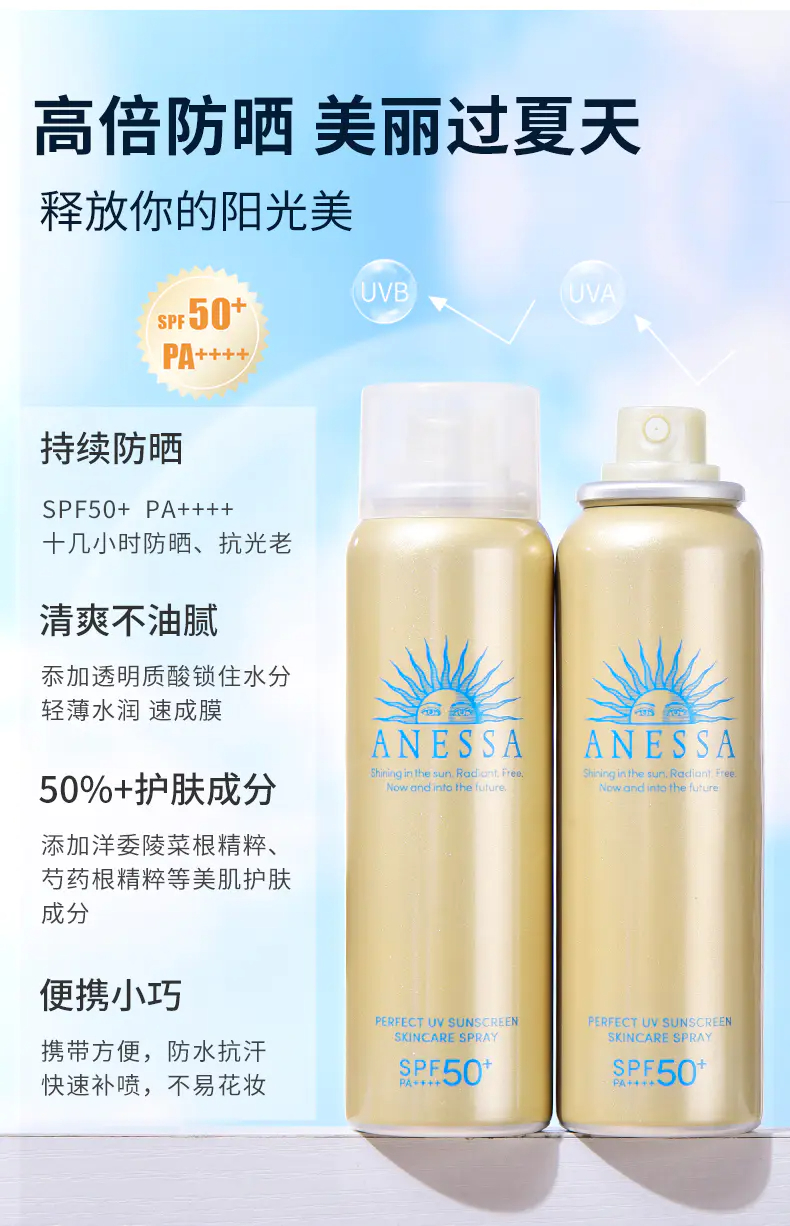 商品ANESSA|安耐晒金灿倍护防晒喷雾金瓶60g防水防汗新旧包装随机发【香港直邮】,价格¥111,第5张图片详细描述