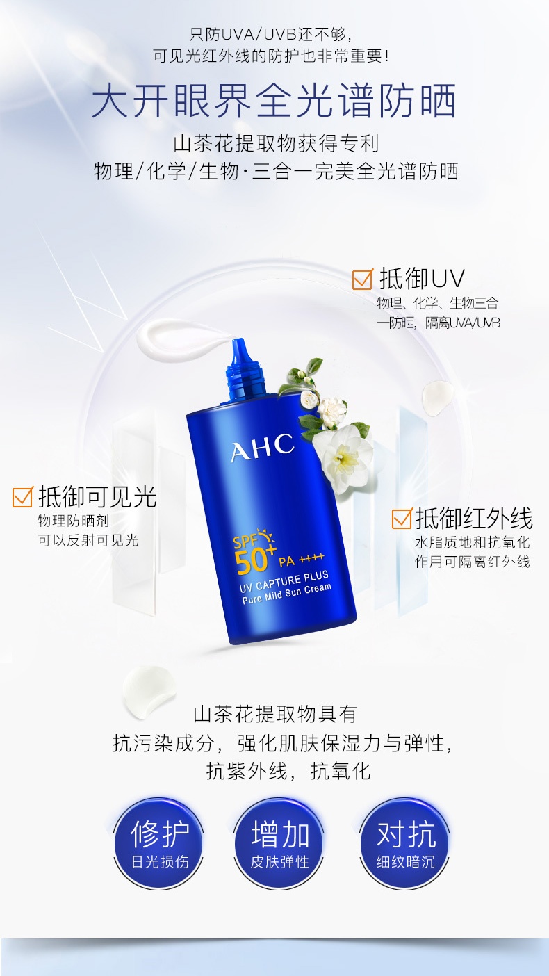 商品AHC|韩国AHC纯净温和防晒霜小蓝瓶50ml防紫外线面部隔离,价格¥93,第14张图片详细描述