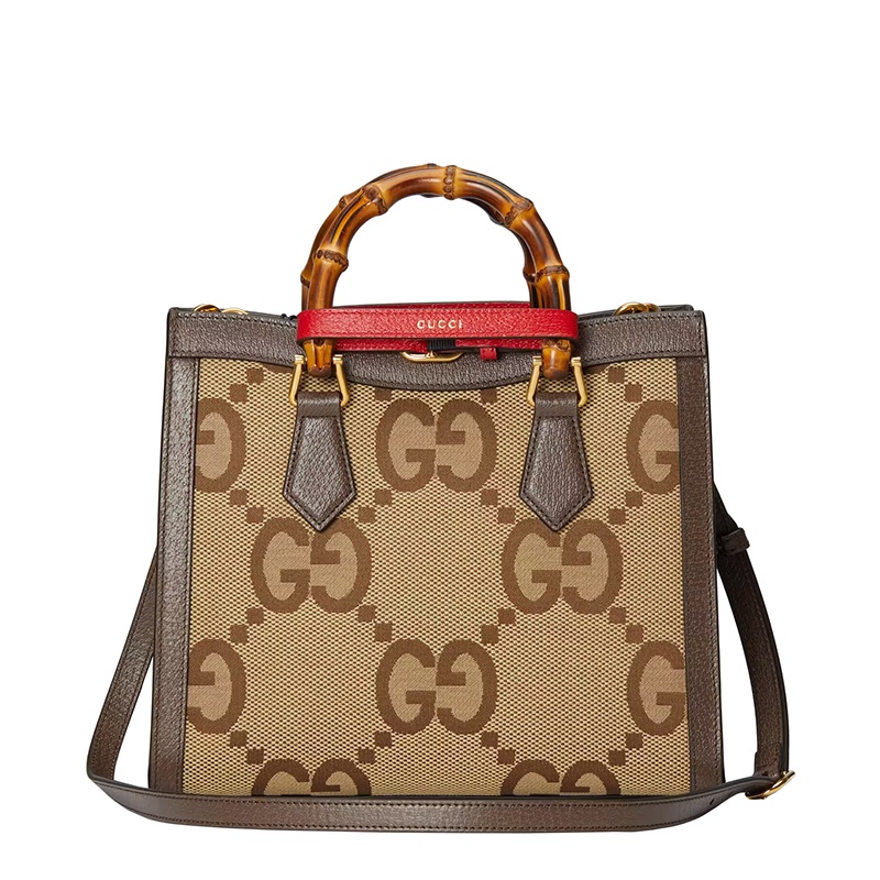 商品Gucci|古驰  Diana系列 女士小号驼色乌木色超级老花帆布竹节红带单肩手提托特包660195UKMFT2672,价格¥24309,第4张图片详细描述