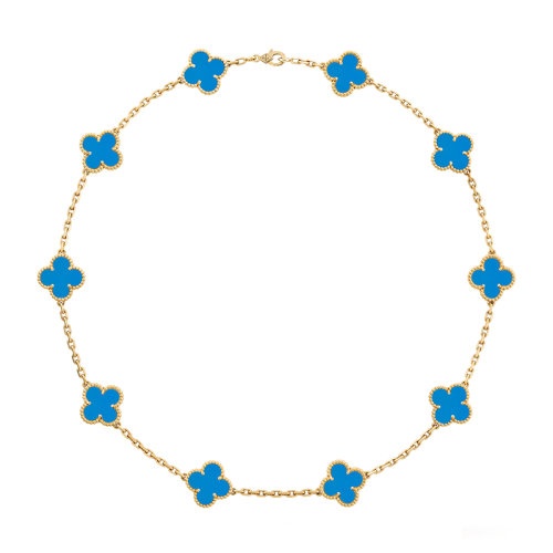 商品Van Cleef & Arpels| Van Cleef & Arpels/梵克雅宝  限量款Vintage Alhambra系列18K金黄金镶嵌蓝色玛瑙 10花四叶草项链 VCARP34800,价格¥81641,第2张图片详细描述