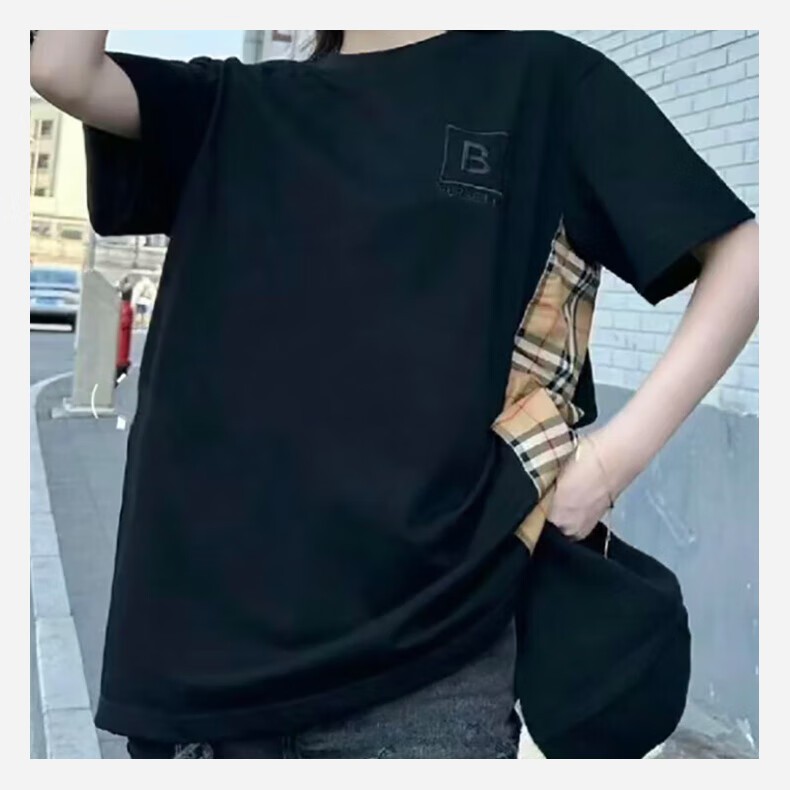 商品Burberry|【现货速发】BURBERRY/博柏利 女士黑色棉质侧边格纹图B字刺绣T恤80808521,价格¥1727,第12张图片详细描述