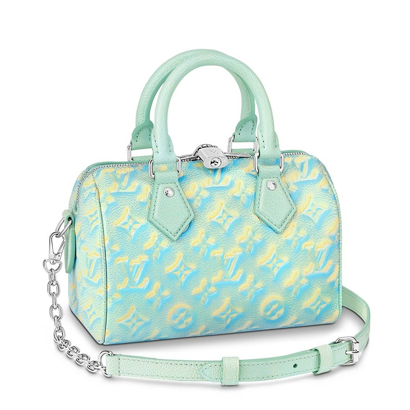 商品Louis Vuitton|【预售十天】Louis Vuitton/路易威登 22新款SPEEDY 20系列 女士水绿色喷绘效果老花压纹粒面牛皮革银锁银链单肩斜跨链条包M46092,价格¥20166,第2张图片详细描述