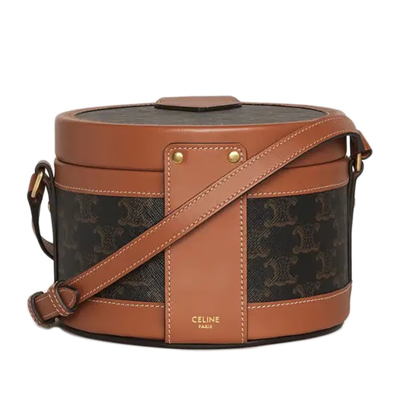 商品Celine|CELINE/赛琳   TAMBOUR系列 女士中号凯旋门帆布棕色小牛皮桶包单肩包,价格¥17188,第4张图片详细描述