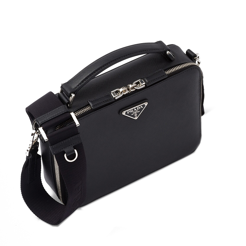 商品Prada|PRADA/普拉达 22春夏新款Brique系列 男士黑色Saffiano皮革银扣三角徽标配织物肩带单肩斜跨包手提包2VH069_9Z2_F0002_V_YMI,价格¥19514,第6张图片详细描述