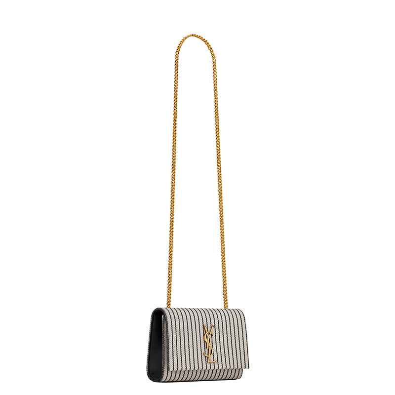商品Yves Saint Laurent|SAINT LAURENT PARIS/圣罗兰 YSL 22春夏新款KATE系列 女士小号奶油色/黑色条纹帆布配皮金扣金链单肩斜挎链条包469390FAACG9583,价格¥10241,第6张图片详细描述