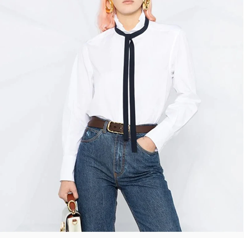 商品Chloé|CHLOE 女士白色真丝边饰荷叶边纯棉府绸衬衫 C21SHT11-044-101,价格¥2163,第4张图片详细描述