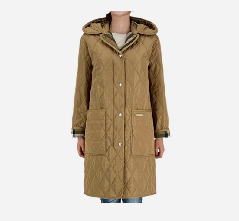 商品Burberry|Burberry博柏利 女士棕色聚酰胺绗缝徽标长款��连帽棉服80945821,价格¥4152,第6张图片详细描述